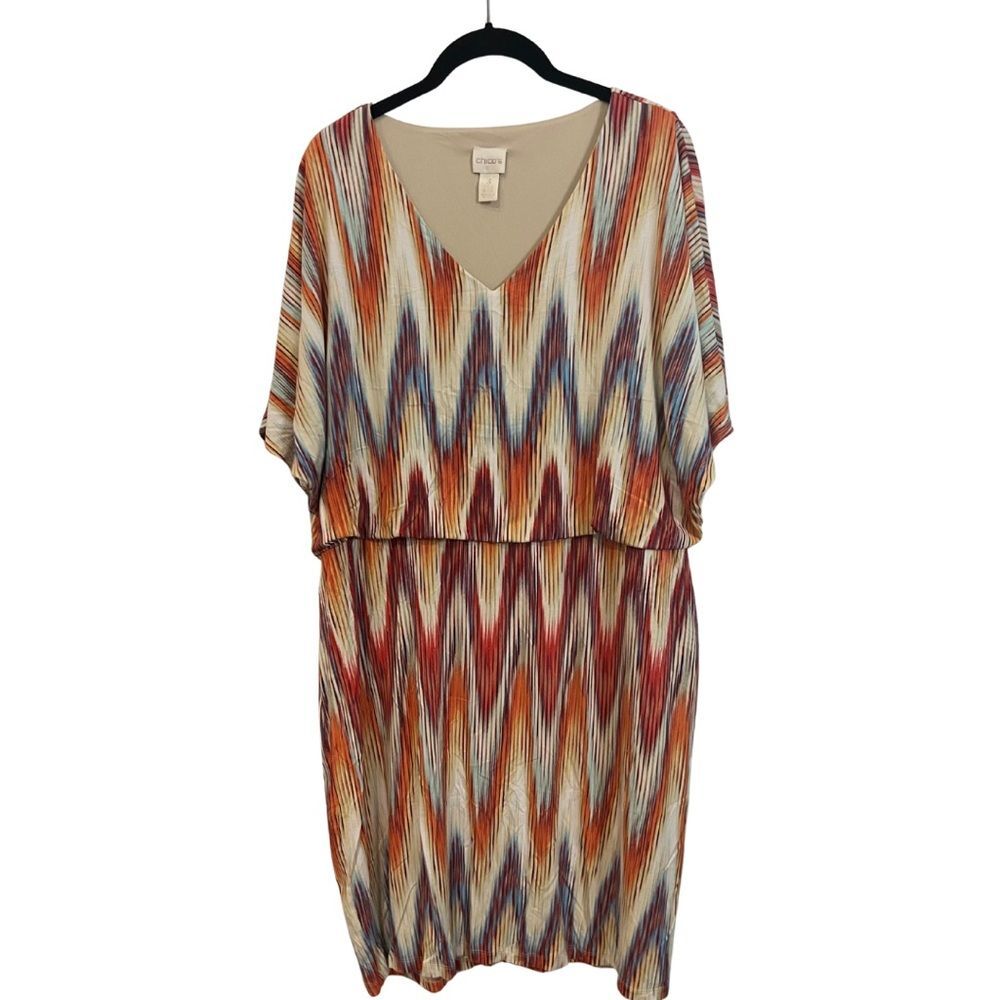 Chico’s Ikat Print Dolman Sleeve Dress Size 3 (XL) Boho Tribal V-Neck